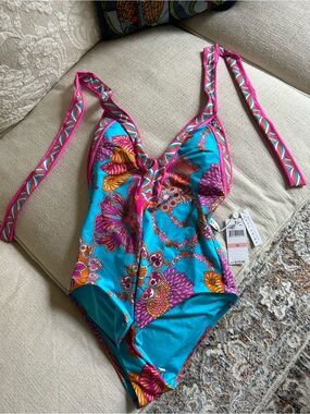 Vibrant Turquoise Floral One-Piece Swimsuit with Pink Trim